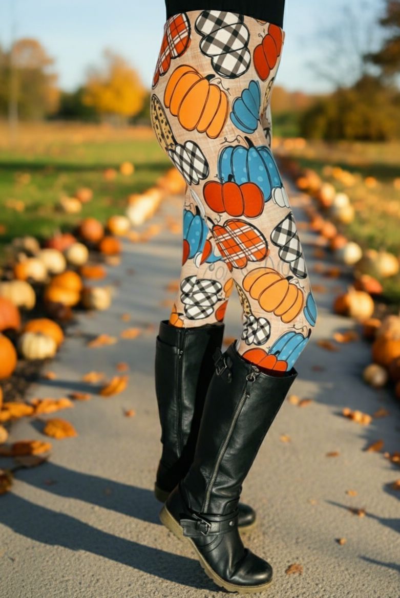 Womens Fall Pumpkin Leggings - Lux Signature Leggings - High Waisted - Buttery Soft - Orange/Multi Leggings MomMe and More 
