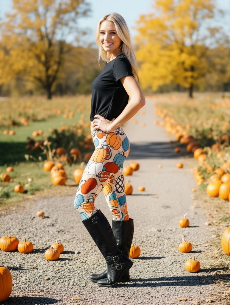 Womens Fall Pumpkin Leggings - Lux Signature Leggings - High Waisted - Buttery Soft - Orange/Multi Leggings MomMe and More 