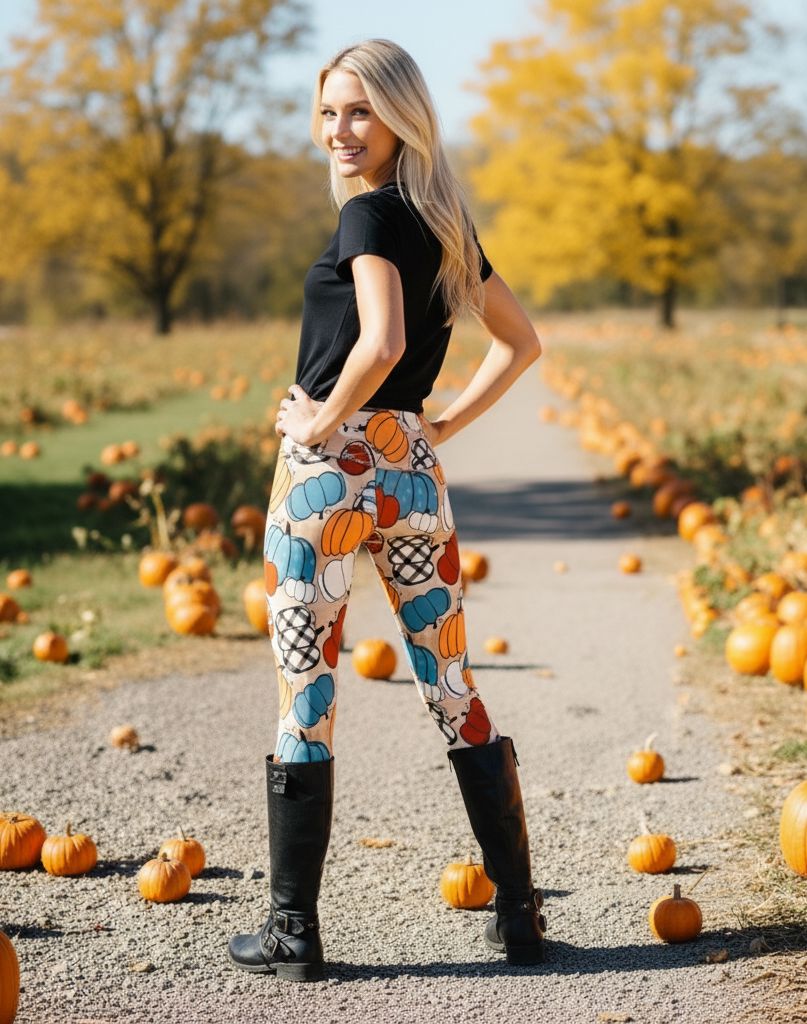 Womens Fall Pumpkin Leggings - Lux Signature Leggings - High Waisted - Buttery Soft - Orange/Multi Leggings MomMe and More 