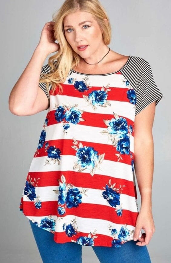 Womens Red White Blue Floral Top, Memorial Day Tunic: Plus Size Tops MomMe and More 