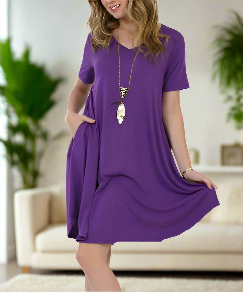Womens Purple Pocket Dress Short Sleeve Shift Dress Sizes 1xl 2xl 3xl Dark Purple