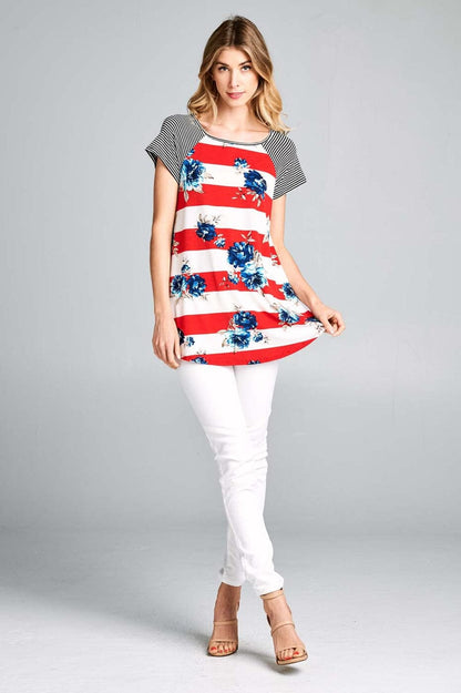 Womens Red White Blue Floral Top, Memorial Day Tunic: Plus Size Tops MomMe and More 