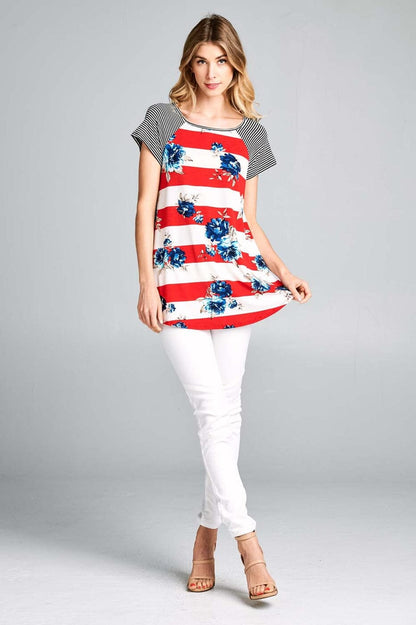 Womens Red White Blue Floral Top, Memorial Day Tunic Tops MomMe and More 