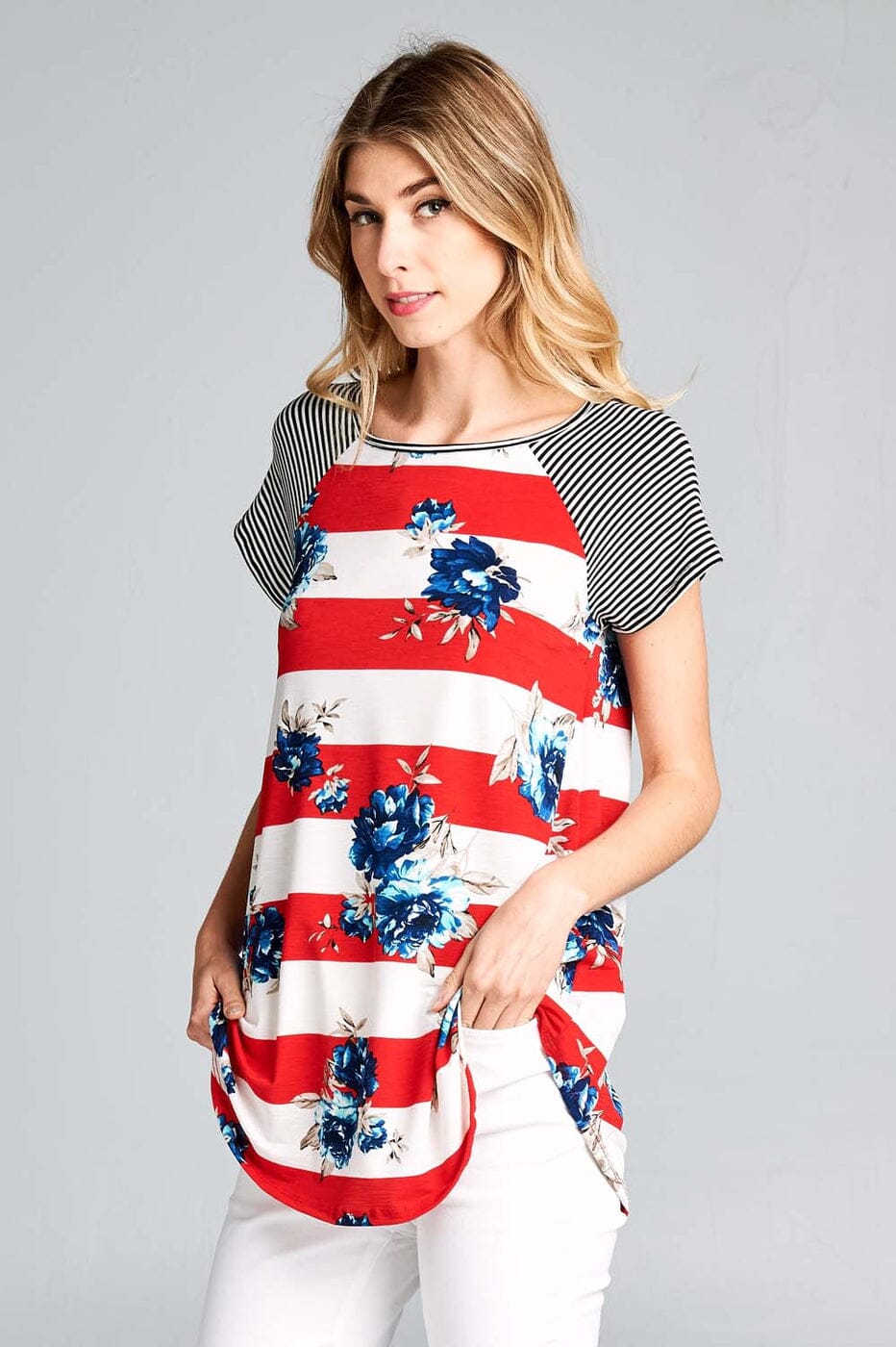 Womens Red White Blue Floral Top, Memorial Day Tunic: Plus Size Tops MomMe and More 