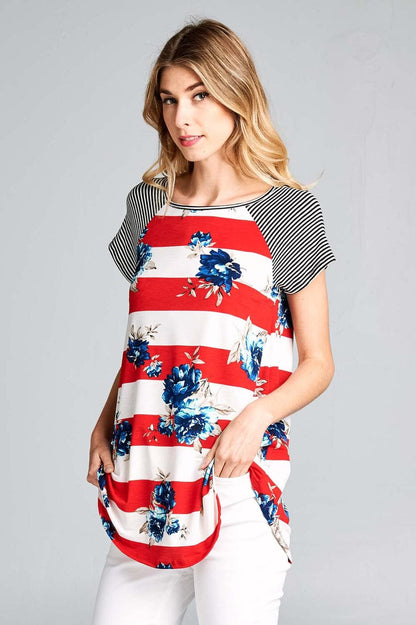 Womens Red White Blue Floral Top, Memorial Day Tunic: Plus Size Tops MomMe and More 