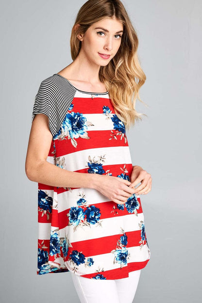 Womens Red White Blue Floral Top, Memorial Day Tunic Tops MomMe and More 