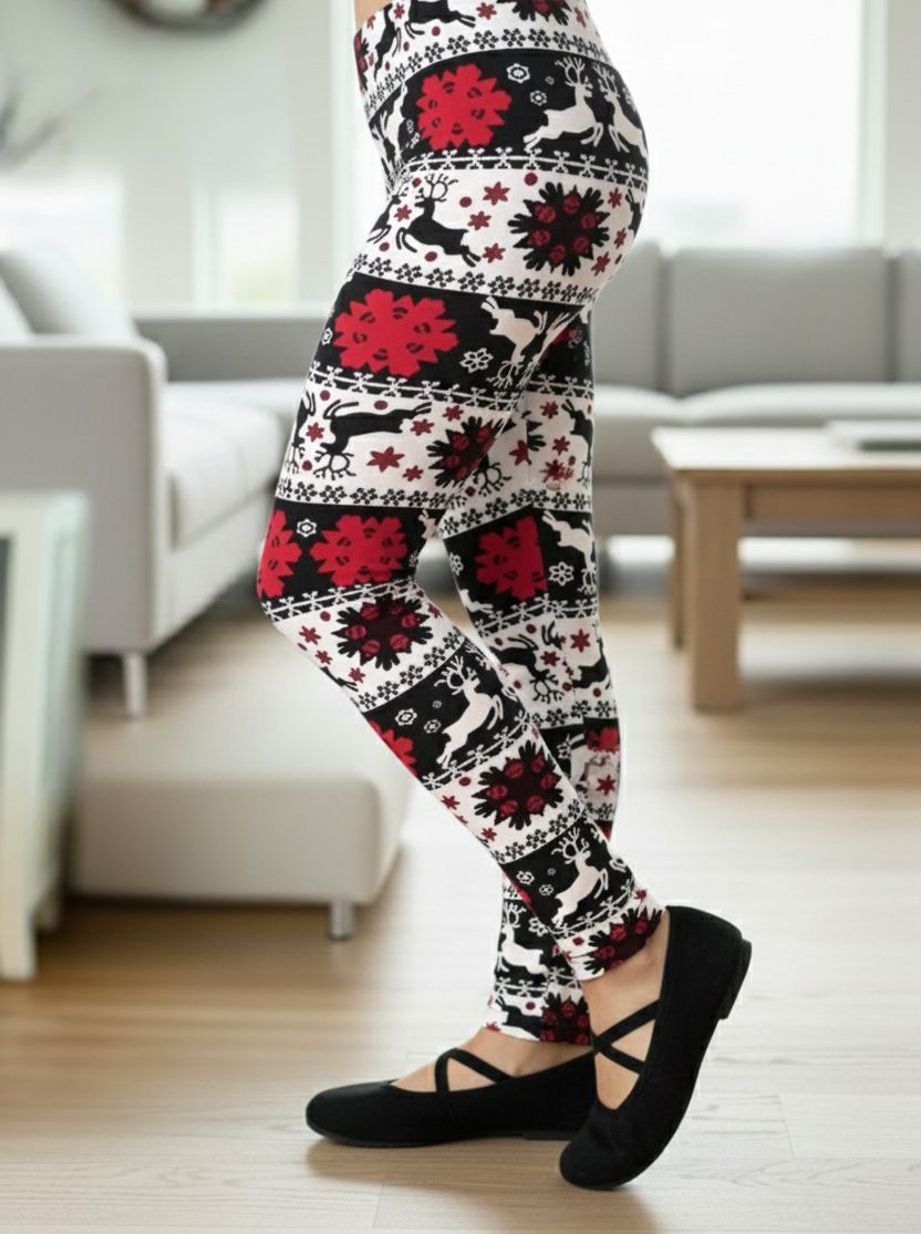 Girls Christmas Leggings - Reindeer & Snowflakes - High Waisted - Buttery Soft Yoga Pants - Black/White Leggings MomMe and More 