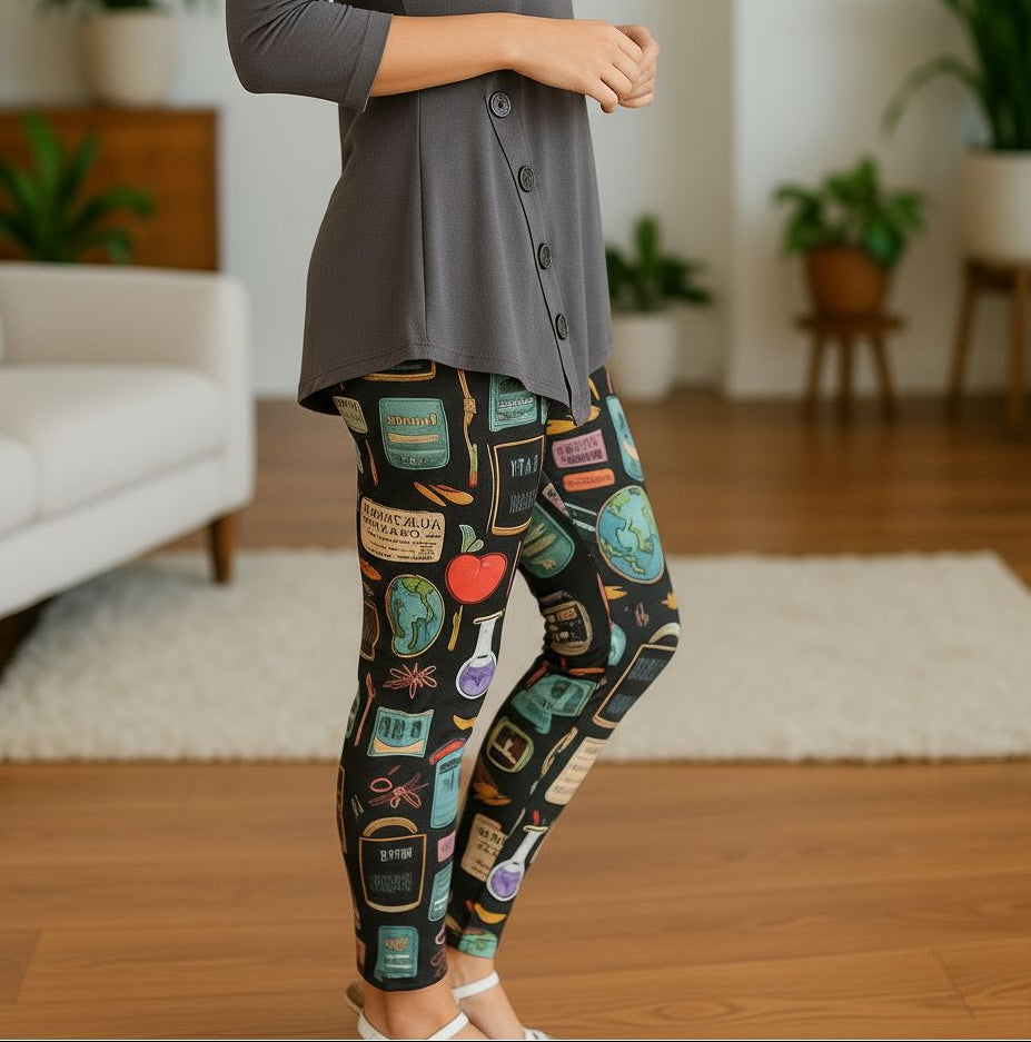 Womens School Teacher Leggings - High Waisted - Buttery Soft - Yoga Pants - Gray/Multi Leggings MomMe and More 