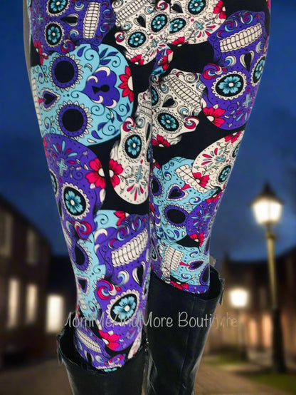 Womens Skull Leggings | Purple Sugar Skull Leggings | Yoga Pants | Footless Tights | Yoga Waistband Leggings MomMe and More 