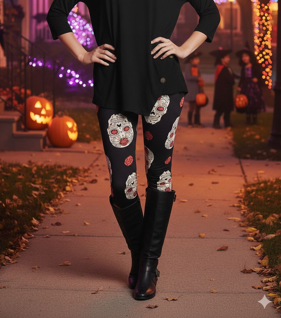 Womens Halloween Skull Leggings - High Waisted - Buttery Soft - Black/Pink Leggings MomMe and More 