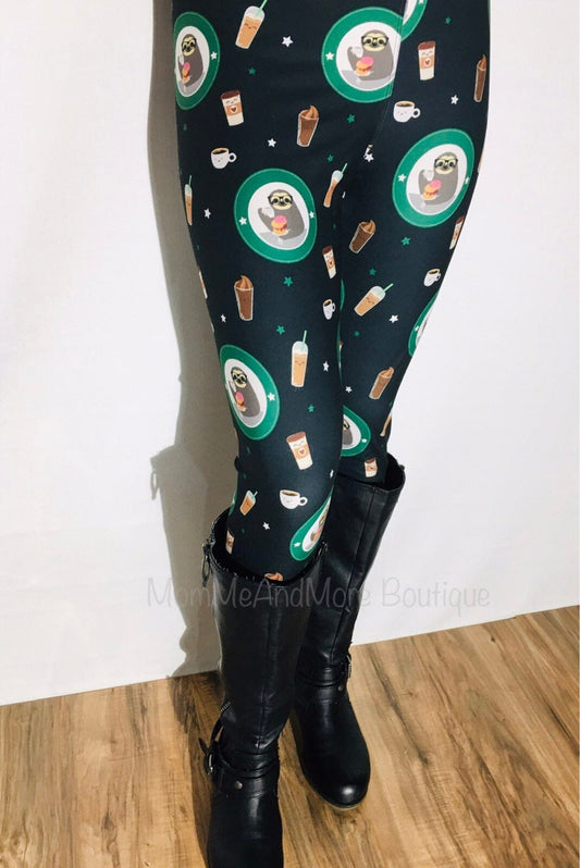 Womens Leggings | Exclusive Sloth Coffee Donut Leggings | Yoga Pants | Footless Tights | Yoga Waistband Leggings MomMe and More 