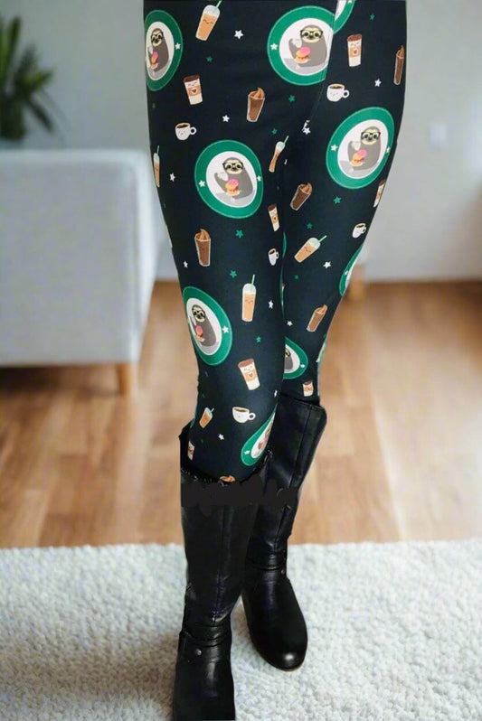 Womens Sloth Coffee Leggings - High Waisted - Buttery Soft - Yoga Pants - Black/Green Leggings MomMe and More S Black/Green Yoga Waist