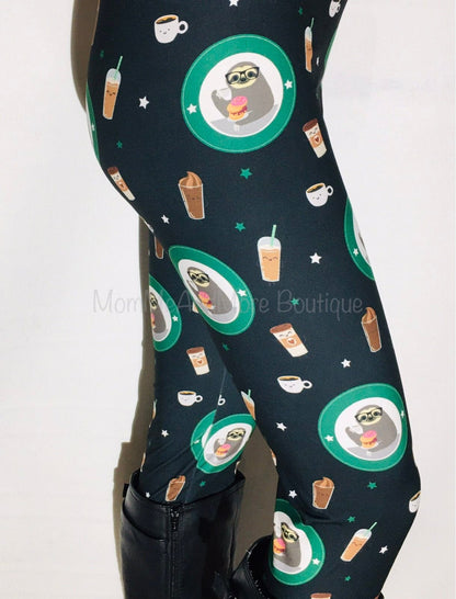 Womens Leggings | Exclusive Sloth Coffee Donut Leggings | Yoga Pants | Footless Tights | Yoga Waistband Leggings MomMe and More 
