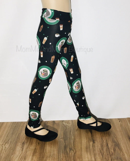Girls Leggings | Exclusive Sloth Coffee Donut Leggings | Kids Yoga Pants | Footless Tights | Yoga Waistband Leggings MomMe and More 