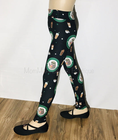 Girls Leggings | Exclusive Sloth Coffee Donut Leggings | Kids Yoga Pants | Footless Tights | Yoga Waistband Leggings MomMe and More 