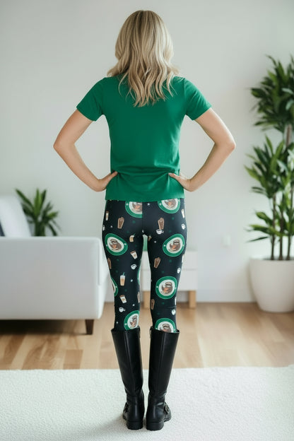 Womens Sloth Coffee Leggings - High Waisted - Buttery Soft - Yoga Pants - Black/Green Leggings MomMe and More S Black/Green Yoga Waist