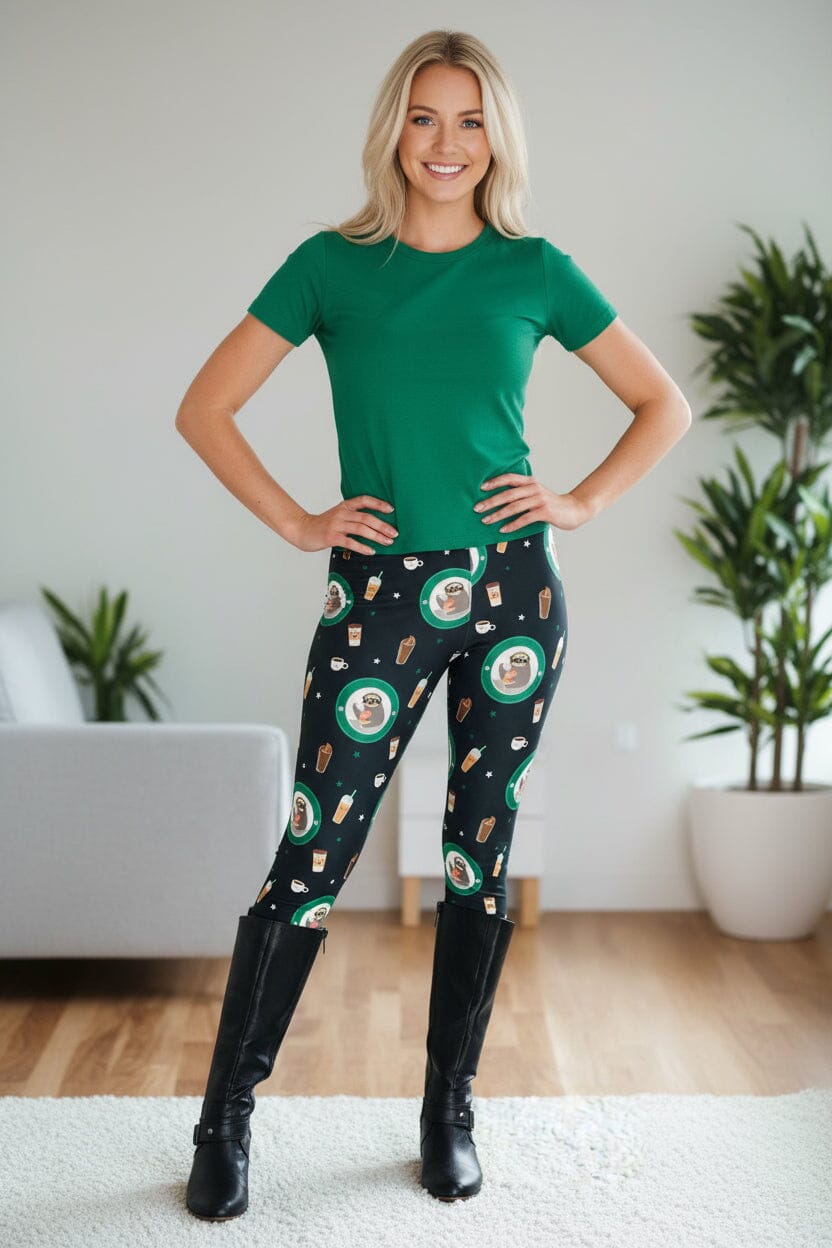 Womens Sloth Coffee Leggings - High Waisted - Buttery Soft - Yoga Pants - Black/Green Leggings MomMe and More 