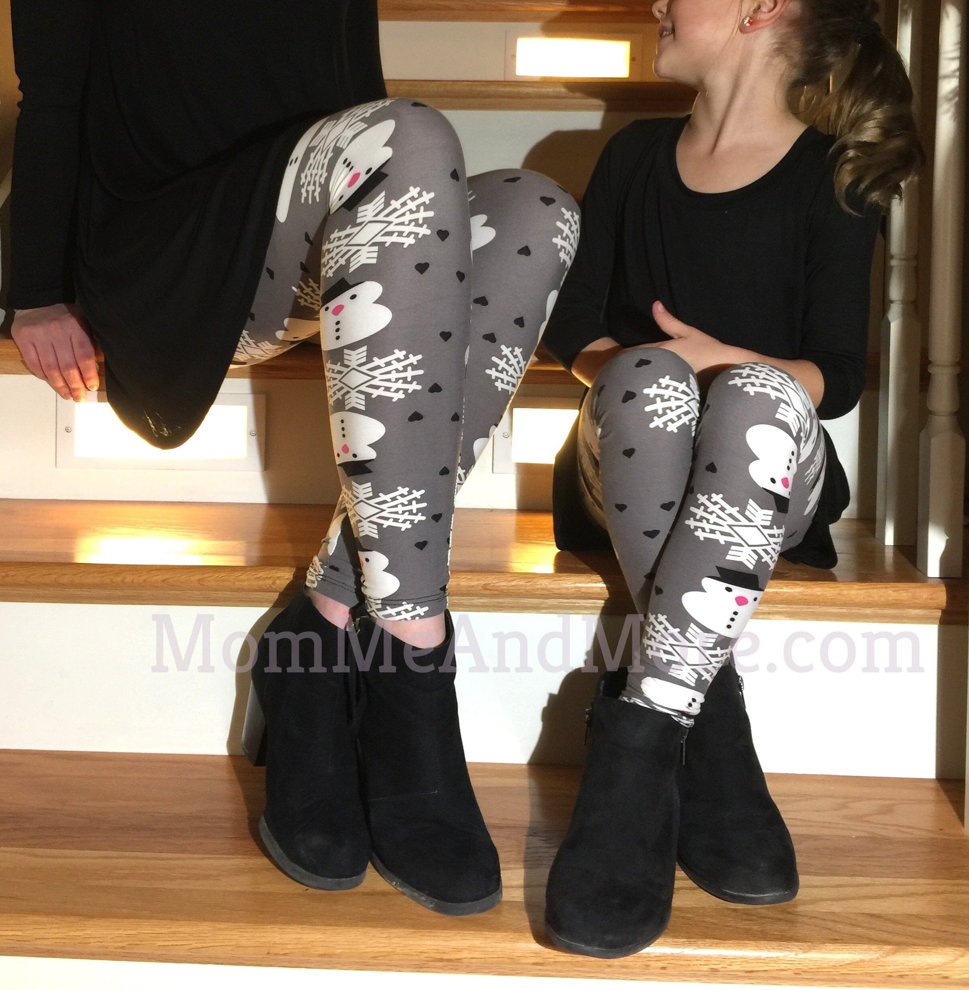 Girls Christmas Snowman Leggings, Kids Yoga Pants, Sizes S/L, No-Roll Waist, Gray/White Leggings MomMe and More 