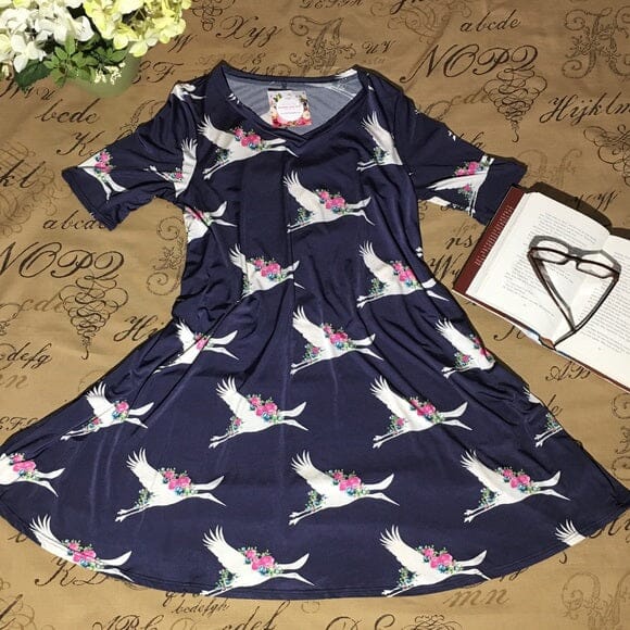 Womens Stork Print Dress | Longer Tunic Top | Navy Blue Mini Dress dress MomMe and More 