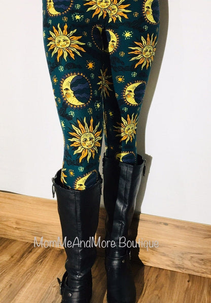Womens Celestial Leggings | Sun Moon Star Leggings | Yoga Pants | Footless Tights | Yoga Waistband Leggings MomMe and More 