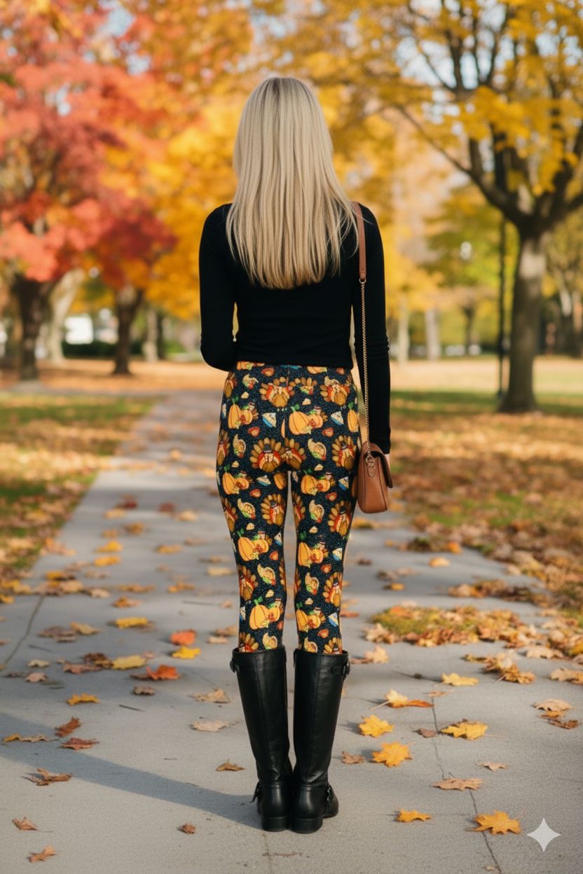 Womens Thanksgiving Turkey Dinner Leggings - High Waisted - Buttery Soft - Black/Orange Leggings MomMe and More 