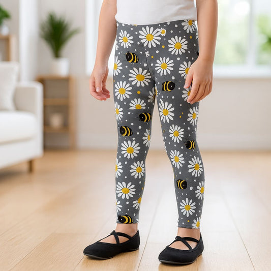 Girls Bee Daisy Leggings - High Waisted - Buttery Soft - Gray/Yellow Leggings MomMe and More S Gray 