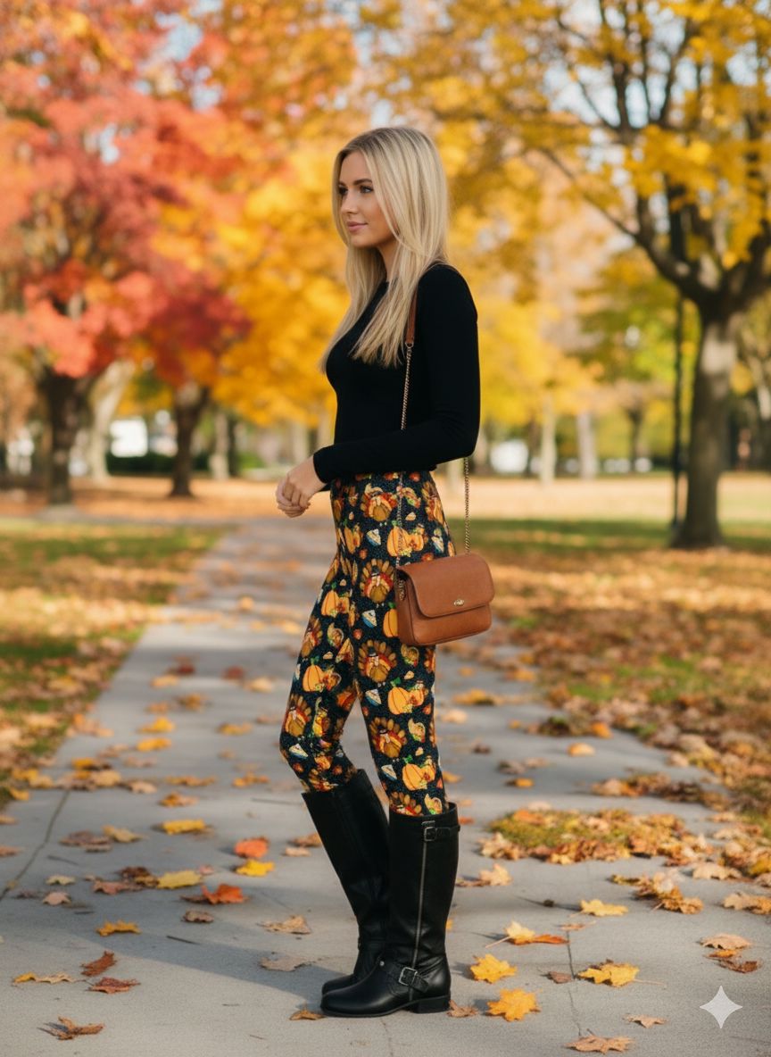 Womens Thanksgiving Turkey Dinner Leggings - High Waisted - Buttery Soft - Black/Orange Leggings MomMe and More 