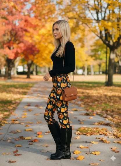 Womens Thanksgiving Turkey Dinner Leggings - High Waisted - Buttery Soft - Black/Orange Leggings MomMe and More 