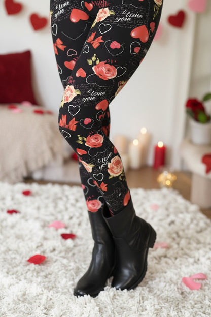 Womens Valentines Day Leggings, Heart Be-Mine Leggings, Soft Yoga Pants, No-Roll Waist, Sizes 0-18, Red/Black Leggings MomMe and More 