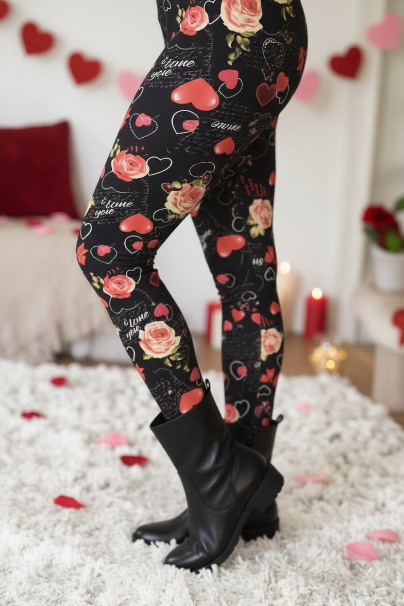Womens Valentines Day Be Mine Leggings - High Waisted - Buttery Soft Yoga Pants - Black/Red Leggings MomMe and More 
