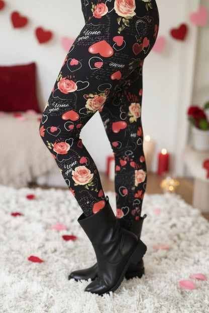 Womens Valentines Day Be Mine Leggings - High Waisted - Buttery Soft Yoga Pants - Black/Red Leggings MomMe and More 
