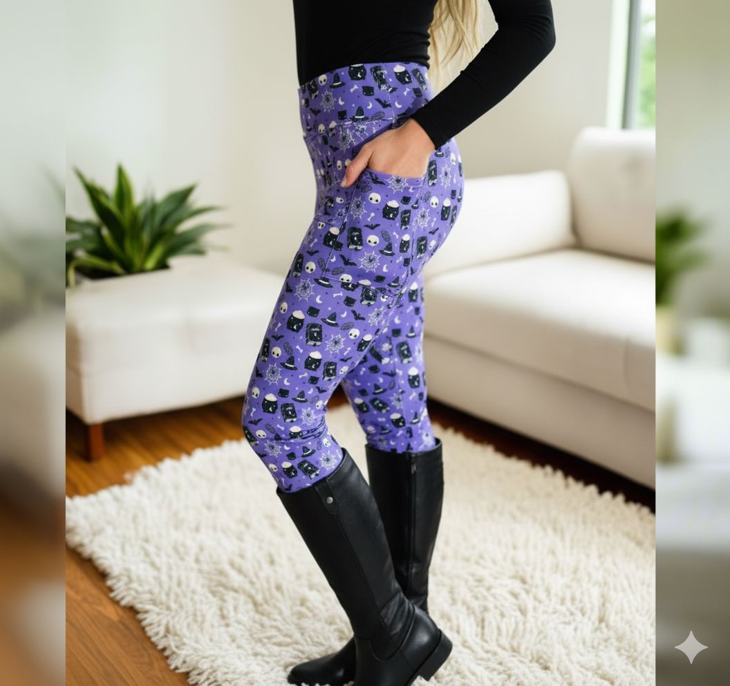 Womens Halloween Leggings - High Waisted - Buttery Soft - Witch Skull Spider Cat Bat - Purple/Black Leggings MomMe and More 