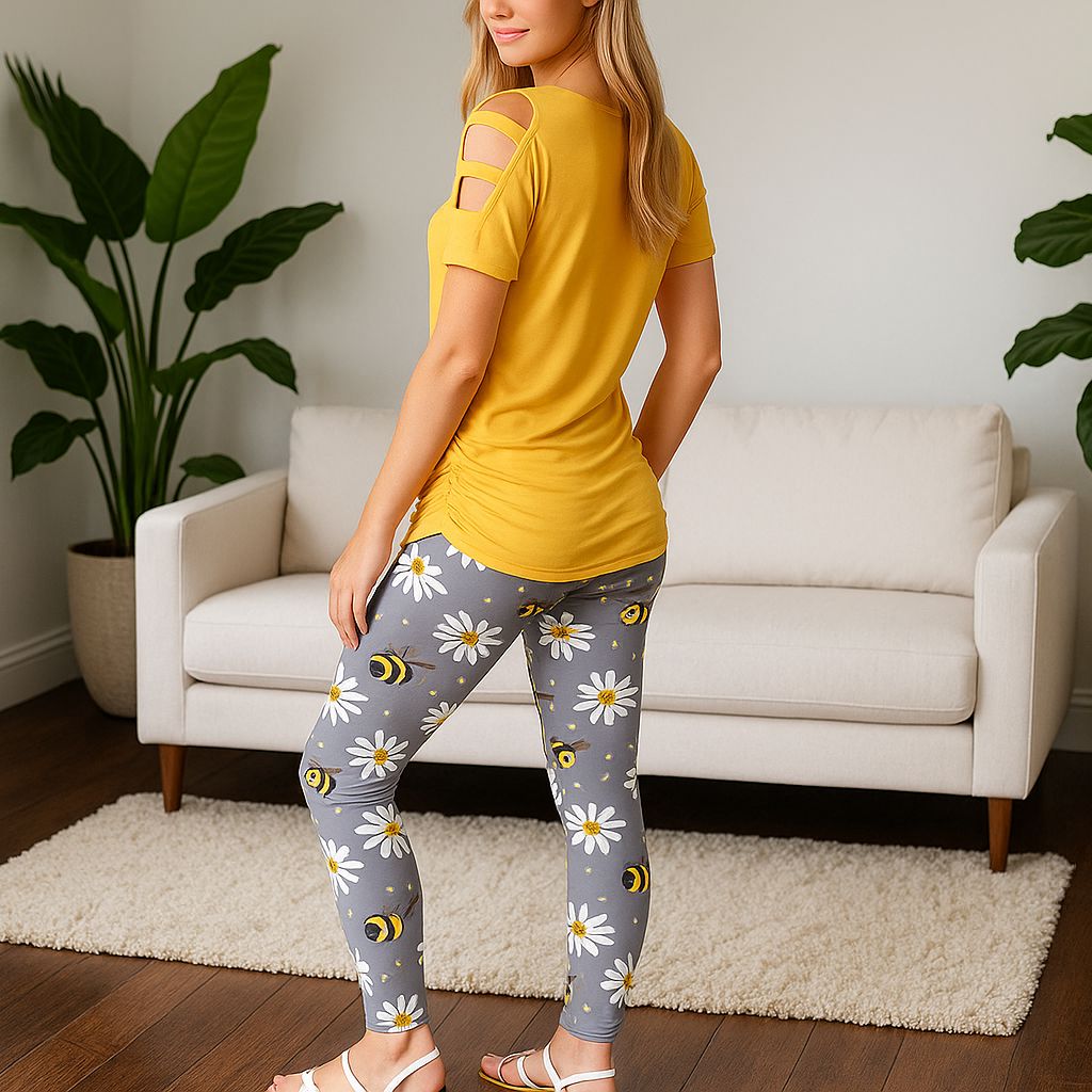 Womens Bee Leggings - High Waisted - Buttery Soft - Grey/Yellow Leggings MomMe and More 