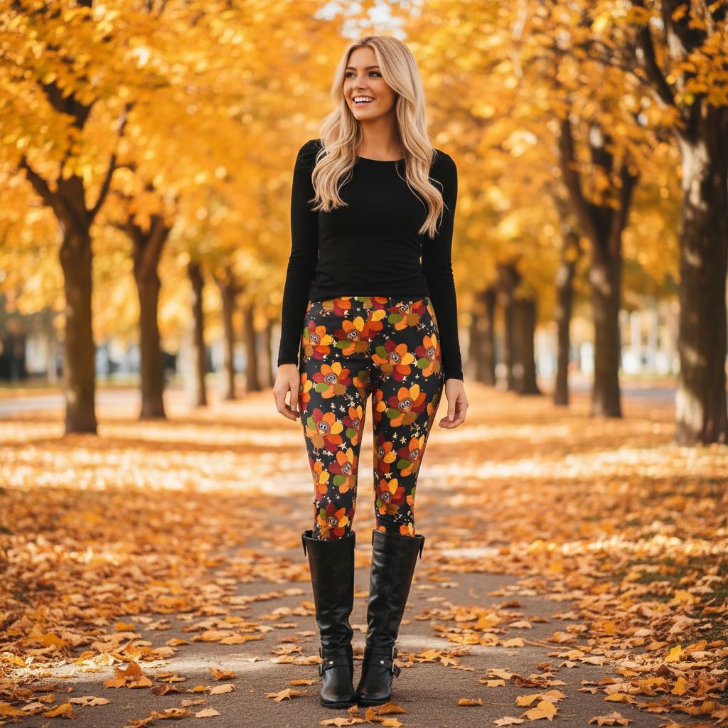 Womens Fall Turkey Leggings - High Waisted - Buttery Soft - Thanksgiving Leggings - Brown/Multi Leggings MomMe and More 