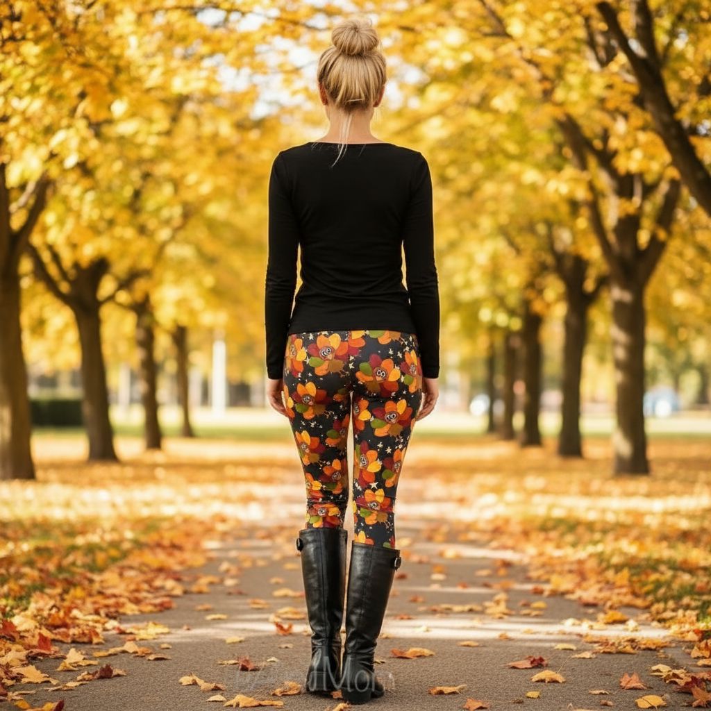 Womens Fall Turkey Leggings - High Waisted - Buttery Soft - Thanksgiving Leggings - Brown/Multi Leggings MomMe and More 