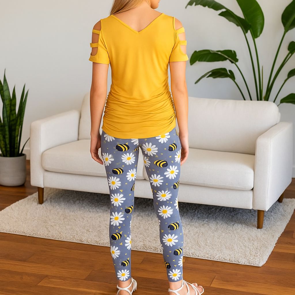 Womens Bee Leggings - High Waisted - Buttery Soft - Grey/Yellow Leggings MomMe and More 