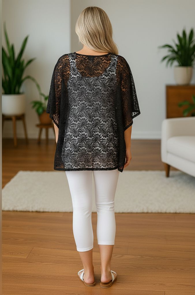 Womens Lace Top – Sheer Shirt – Paisley Print – Swim Cover-Up - Pull Over Kimono - White/Black kimono MomMe and More 