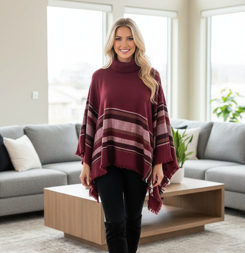 Womens Fall Plaid Poncho - Turtle Neck - Fringed Sweater Wrap Cape - Brown/Multi poncho MomMe and More 