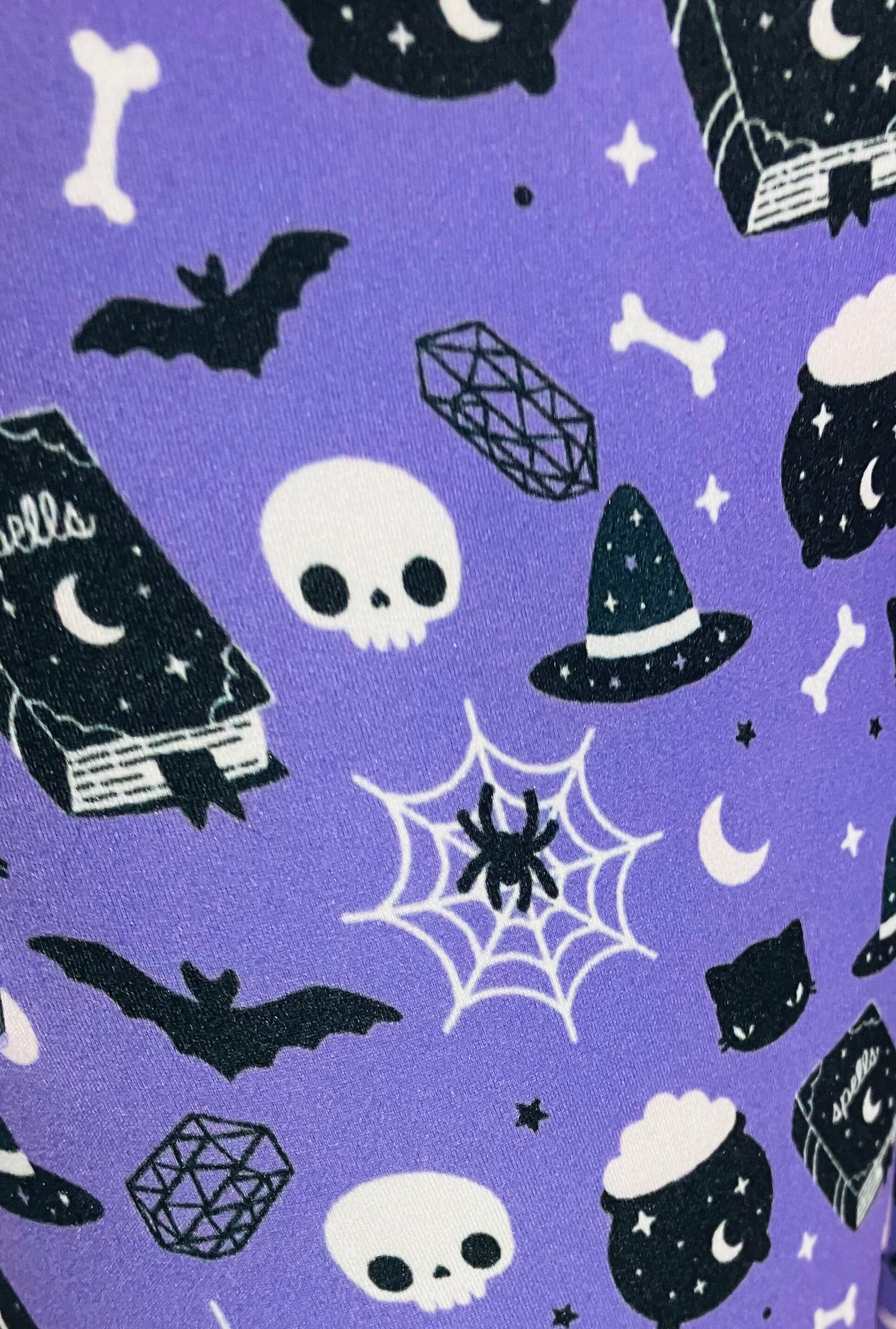 Womens Halloween Leggings - High Waisted - Buttery Soft - Witch Skull Spider Cat Bat - Purple/Black Leggings MomMe and More 
