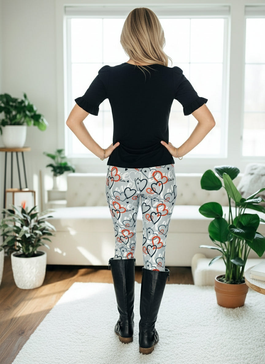 Womens Valentines Day Leggings, Love Heart Print Soft Yoga Pants, Sizes OS/TC/TC2, Gray/Red, Exclusive Leggings Leggings MomMe and More 0-12 Gray/Multi Yoga Waist