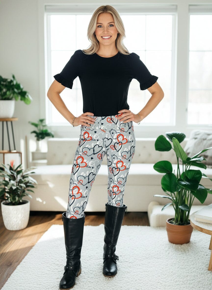 Womens Valentines Leggings - High Waisted - Buttery Soft - Gray Hearts Leggings MomMe and More 