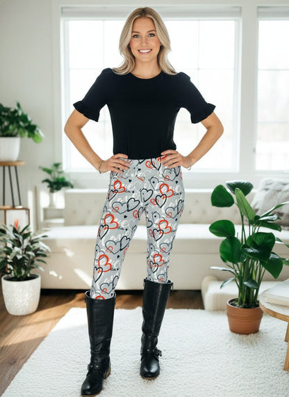 Womens Valentines Leggings - High Waisted - Buttery Soft - Gray Hearts Leggings MomMe and More 