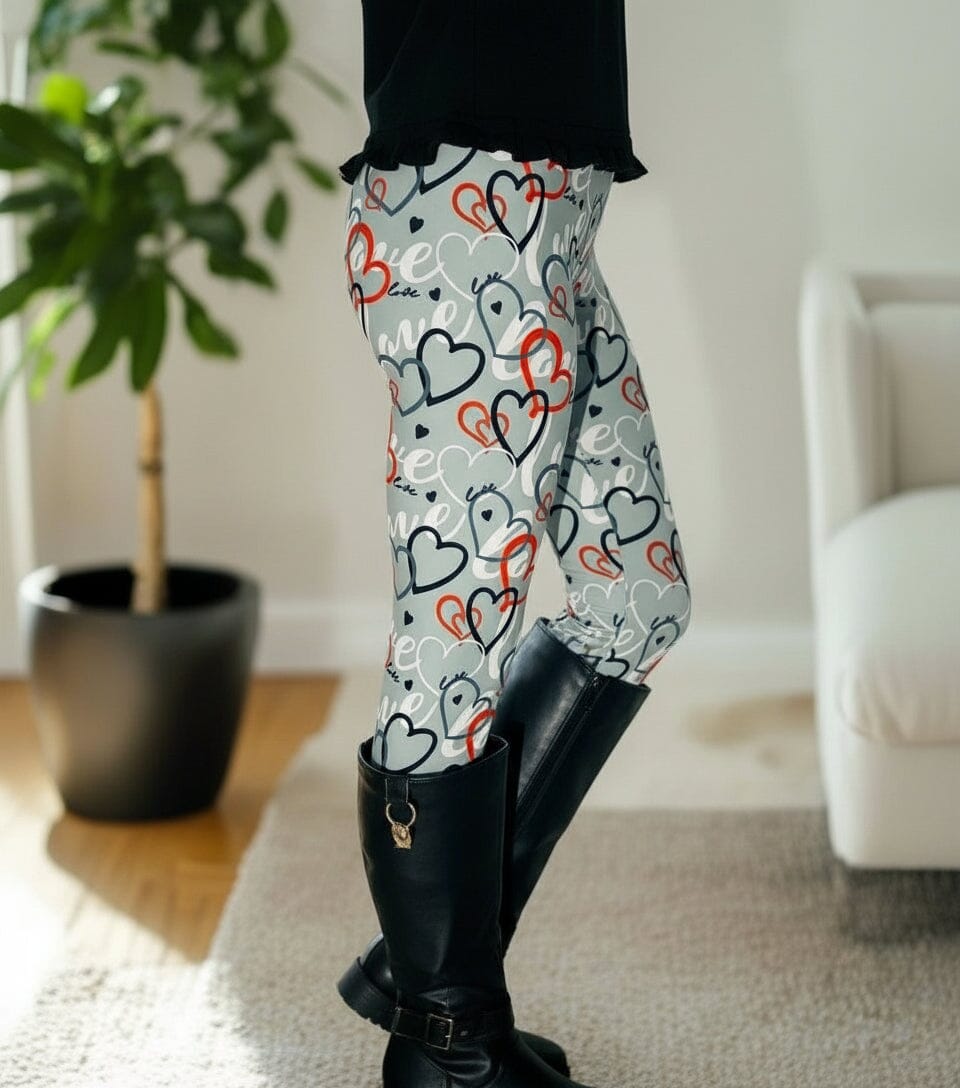 Womens Valentines Day Leggings - High Waisted - Buttery Soft Yoga Pants - Gray Hearts Leggings MomMe and More 