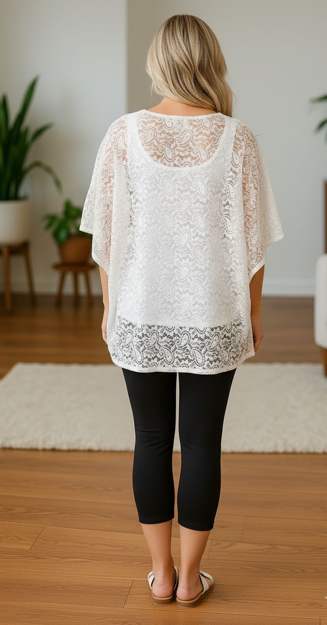 Womens Lace Top – Sheer Shirt – Paisley Print – Swim Cover-Up - Pull Over Kimono - White/Black kimono MomMe and More 