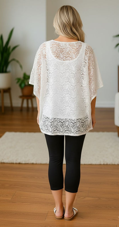 Womens Lace Top – Sheer Shirt – Paisley Print – Swim Cover-Up - Pull Over Kimono - White/Black kimono MomMe and More 