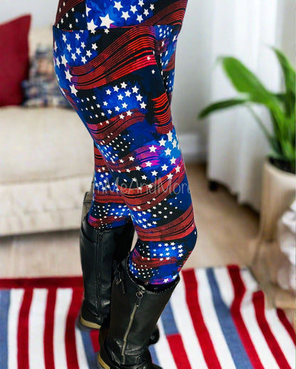 Womens 4th of July American Flag Leggings Soft Yoga Pants Sizes 18-22 Red/White/Blue Leggings MomMe and More 