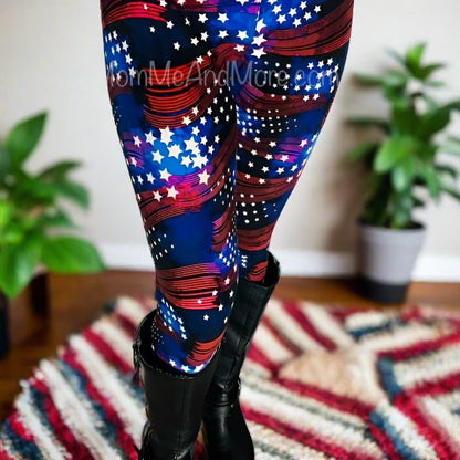 Womens 4th of July American Flag Leggings Soft Yoga Pants Sizes 18-22 Red/White/Blue Leggings MomMe and More 