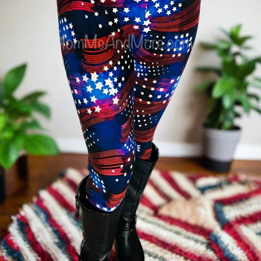 Womens Leggings | American Flag Leggings | Yoga Pants | Footless Tights | Yoga Waistband Leggings MomMe and More 