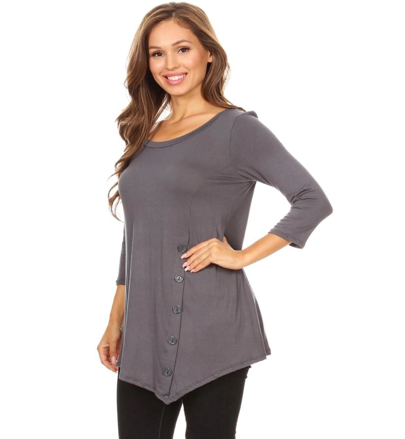 Womens High-Low Gray Shirt | Side Button Long Tunic Top Tops MomMe and More 