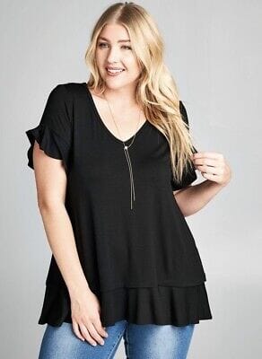 Womens Solid Black Top, V-Neck Flutter Sleeve & Ruffle Hem Shirt Tops MomMe and More 